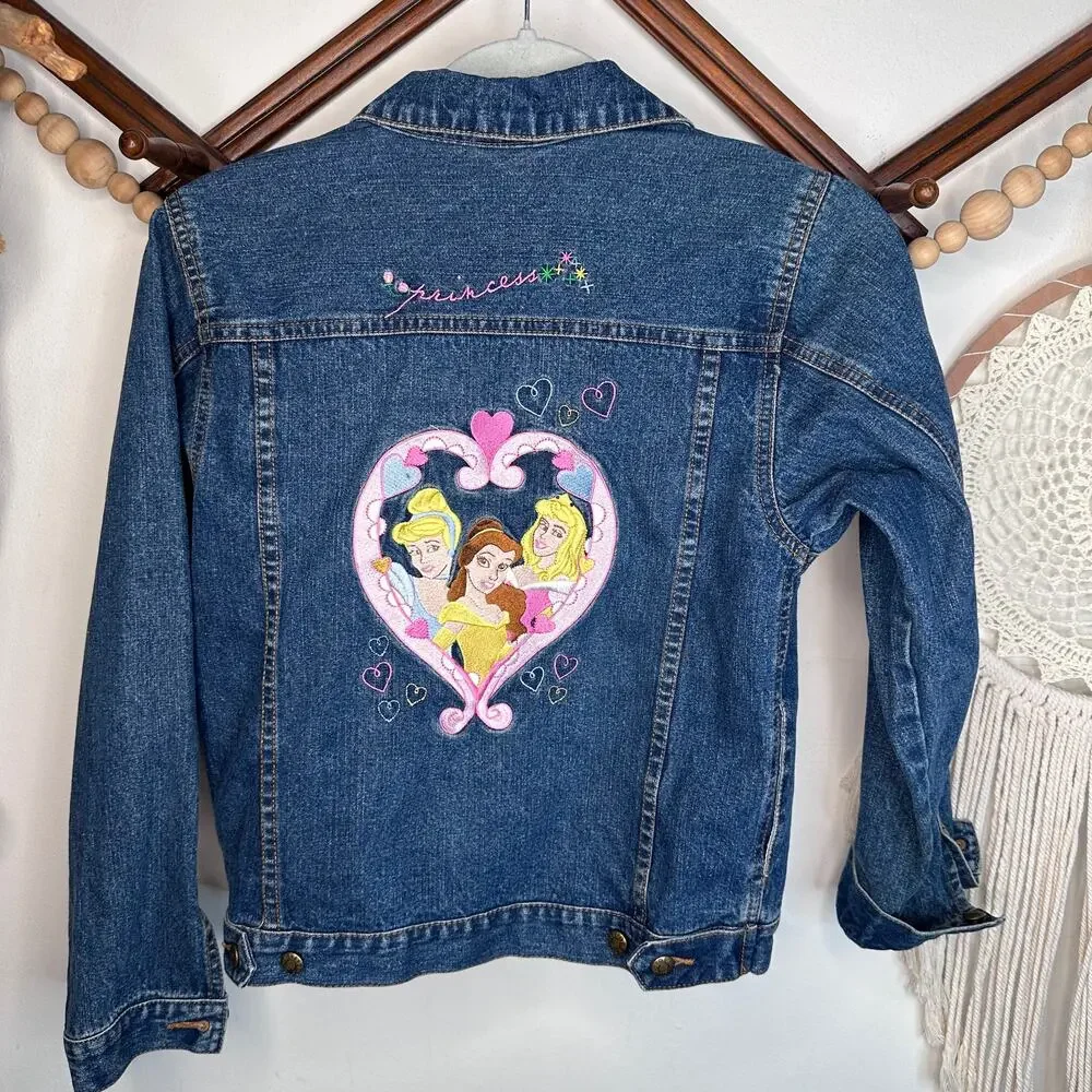 Vintage Disney Princess Embroidered Belle Cinderella Aurora Denim Jean Jacket